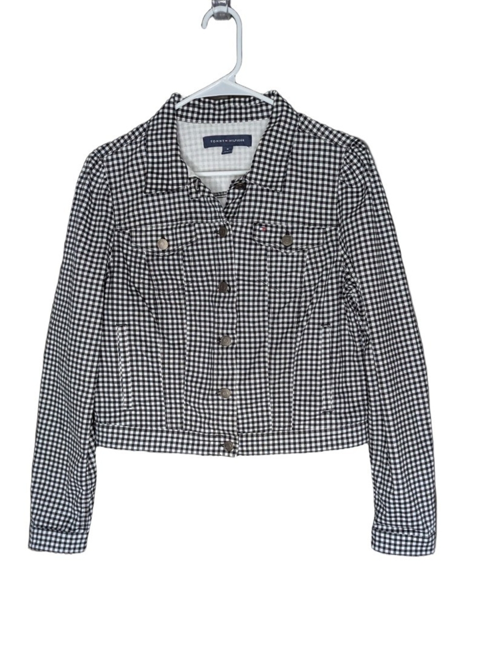 Tommy Hilfiger Women Gingham Crop Jacket Black and White Size Medium